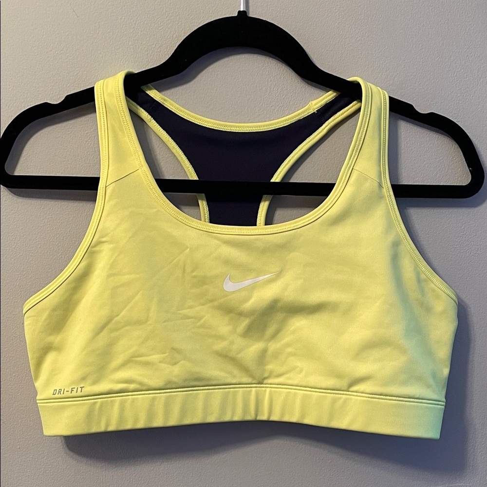 NIKE Dri-Fit Swoosh Medium-Support Yellow & Black Racer-Back Athletic Sports Bra